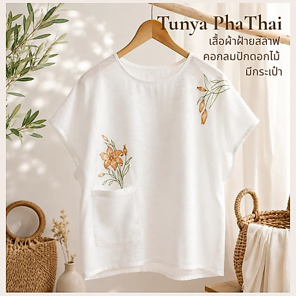 เสื้อปักดอกไม้ ผ้าฝ้ายสลาฟ คอกลม มีกระเป๋า เสื้อผ้าไทยผู้หญิง เสื้อคุณแม่ ใส่เที่ยว ทำบุญ ใส่สบาย | Tunya PhaThai