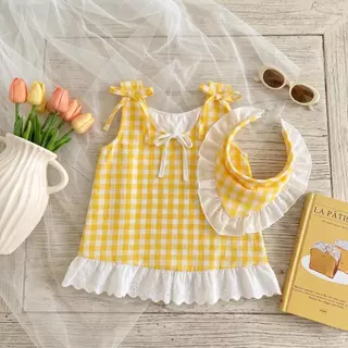 MooDeng Baby เดรส+ที่คาดผม ลายสก็อต น่ารัก ตัวเลือก 4สี แดง ชมพู เหลือง น้ำเงิน 80-140เซน เด็กหญิง ดีไซน์น่ารัก เด็กหญิง