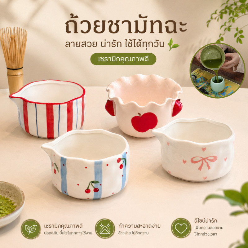 ถ้วยชงมัทฉะ ความจุมาก ชามมัทฉะญี่ปุ่น เซรามิกเนื้อหนา หลายแบบให้เลือก ชามขนมหวานถ้วยกาแฟนม Chawan