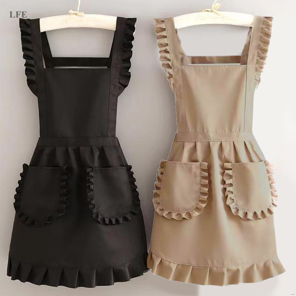 LFE ผ้ากันเปื้อนครัวเกาหลีสไตล์เจ้าหญิงผ้ากันเปื้อนปรับคอและเอวพร้อมกระเป๋าเหมาะสําหรับการทําอาหารแล