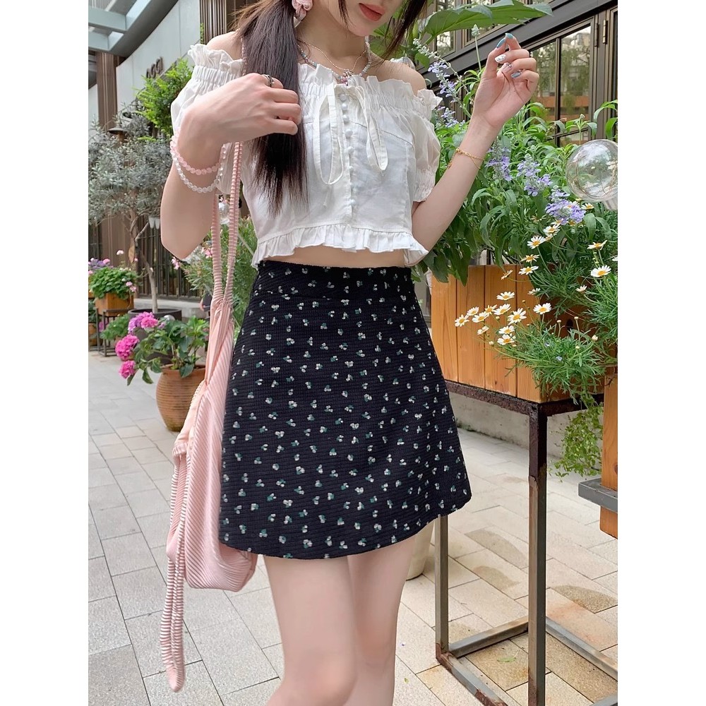PX กระโปรงลายดอก กางเกงซับใน M-4XL กระโปรงผู้หญิง กระโปรงขาสั้น สไตล์เกาหลี ลายลูกไม้เล็ก ซิปข้าง สาวอวบใส่ได้