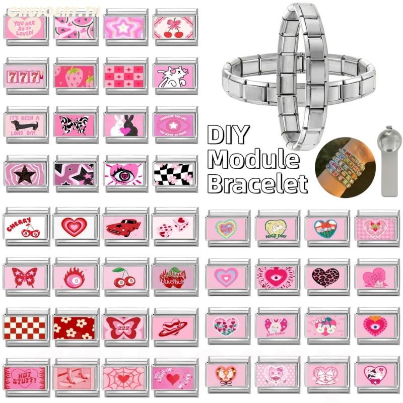 สร้อยข้อมือสแตนเลสมีดีไซน์เชอร์รี่ สไตล์อิตาลีขนาด9มิลลิเมตร สีชมพูสวยงาม