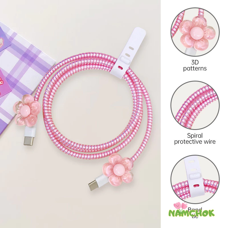 【NK】ตัวป้องกันสายชาร์จ ชุดเคสป้องกันสายชาร์จ เคสป้องกันสายข้อมูลลายดอกไม้ เคสป้องกันแบบสร้างสรรค์ ตัวป้องกันสายเคเบิล