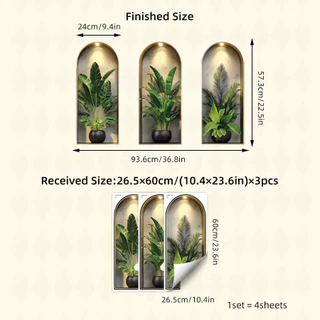 3 แผ่น/ชุด (ขนาดใหญ่) 3D Arch Niche Wall Decal-พฤกษศาสตร์ใบตกแต่งสําหรับห้องนั่งเล่นห้องนอน,ที่ถอดออกได้ไวนิล Silhouette พร้อมกระถาง, Bohe Home Decor,ที่ถอดออกได้ Arch Decals, V
