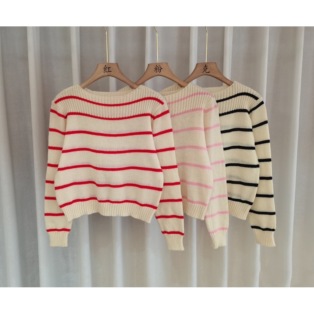 ฤดูใบไม้ร่วงสไตล์ใหม่เวอร์ชั่นเกาหลีหญิงแบนคอลายข้าวเหนียวนุ่มแขนยาวด้านบนผู้หญิงจับคู่เข็มประชุม OT