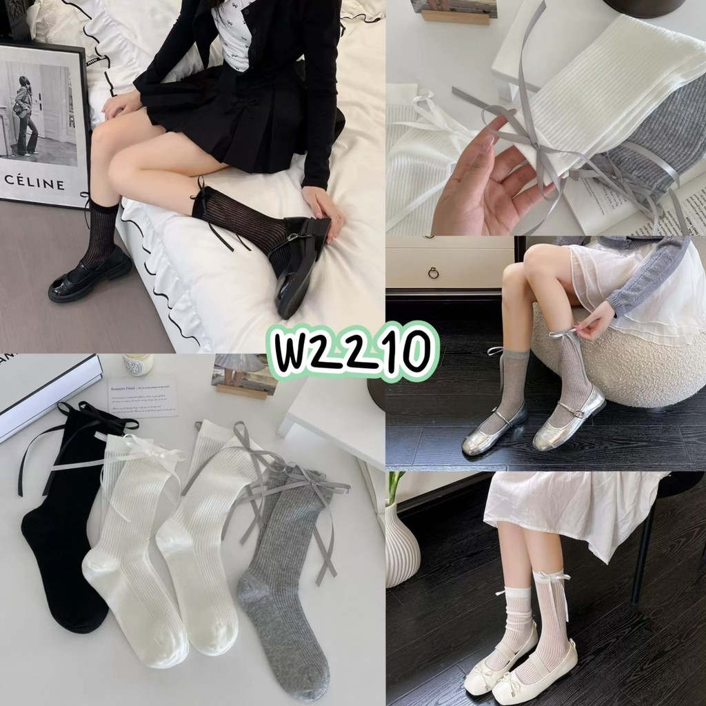 ถุงเท้าเกาหลี ญี่ปุ่น ข้อสูง ลายโบว์ (w2210) น่ารัก