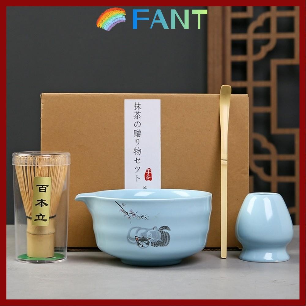 FANT 4PCS Matcha Whisk Set, Matcha Bowl Reusable Japanese Matcha Tea Set, Ceramic Bamboo Matcha Whisk Holder Matcha Making Kit Tea Lovers