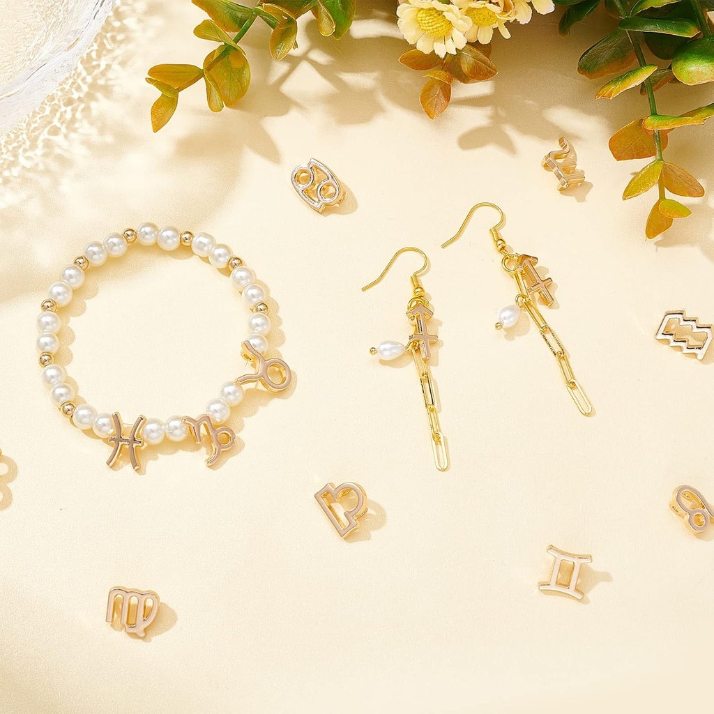 PH PandaHall 48pcs Zodiac Signs Charm Golden Constellation Charms 9.5 ~ 14 มม.โหราศาสตร์ดวงจี้โลหะผส