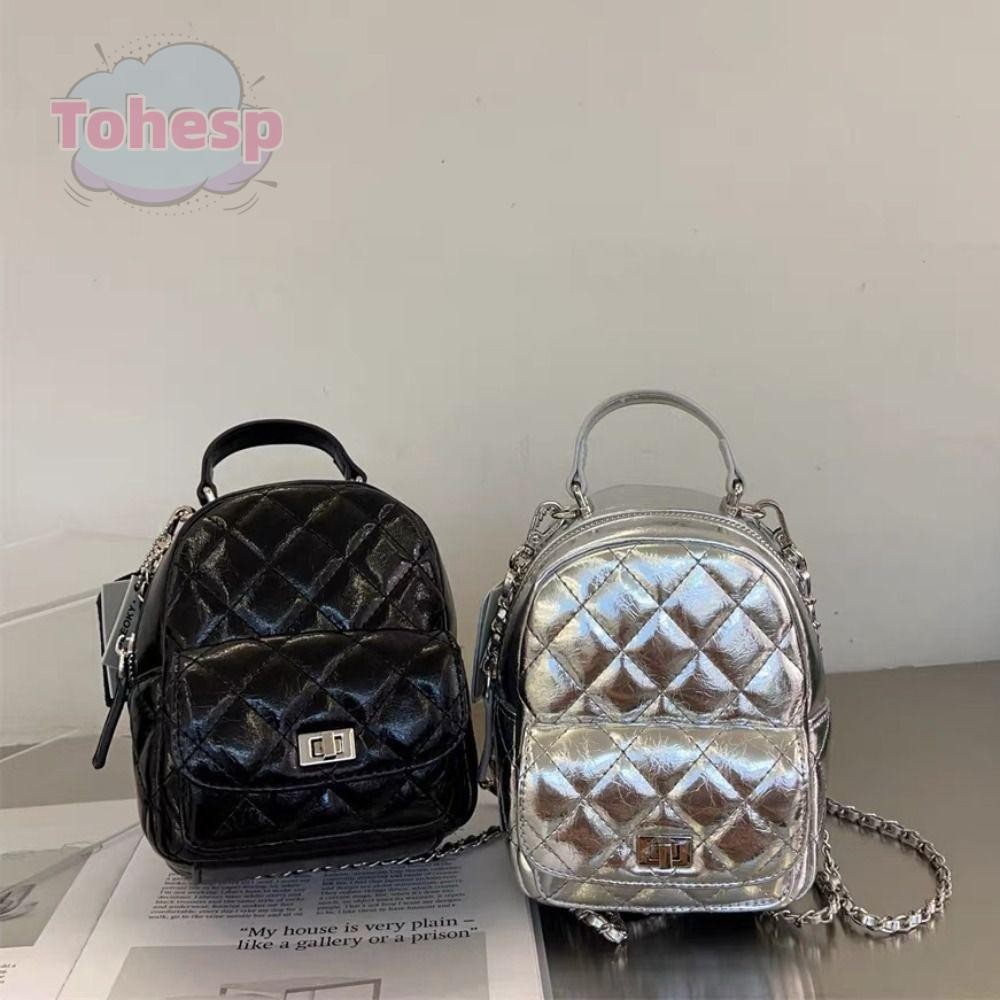 TOHESP กระเป๋านักเรียนวินเทจ, กระเป๋าเป้สะพายหลังหนังมัลติฟังก์ชั่น, PU Argyle Bow Element กระเป๋าเป