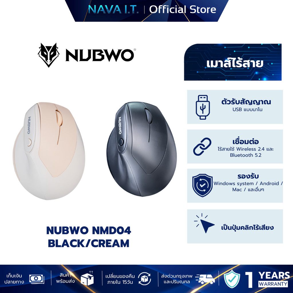 NUBWO NMD04 CREAM/BLACK เม้าส์ ดีไซน์แนวตั้งรับรูปทรงมือตามหลักธรรมชาติของข้อมือ