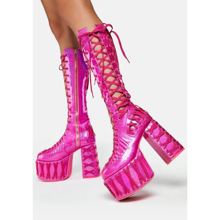 รองเท้าบูทผู้หญิง แฟชั่นสไตล์โลลิต้า พังค์  ส้นตึกหนา ผูกเชือกหน้า กันน้ำเล็กน้อย ใส่คู่ชุดคอสเพลย์/