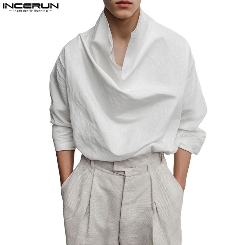 เชิ้ตผู้ชายสไตล์เกาหลี แขนสามส่วนสี่ ทรงคล่องตัว มีรายละเอียด pleats และ swing collar