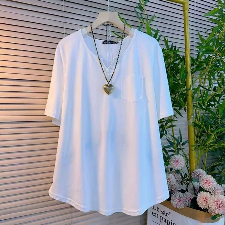 45-150KGPlus Size Pocket V คอแขนสั้นเสื้อยืดหลวมสําหรับผู้หญิง C16475