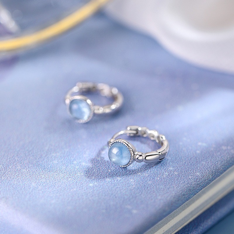 ต่างหูเงิน Sterling 925 สไตล์เรียบหรู ประดับพลอยสีฟ้าทรงกลม สำหรับผู้หญิง ของขวัญพรีเมียม