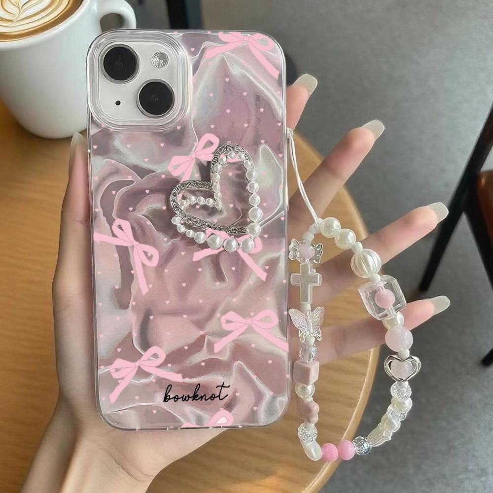 เสือดาวพิมพ์สีชมพู Bowknot สําหรับ Samsung Galaxy S24 S21 S22 S23 Plus S24 S22 Ultra S24 S23 S20 FE Pearl Heart Chain สาวแฟลชฝาครอบโทรศัพท์กรณี