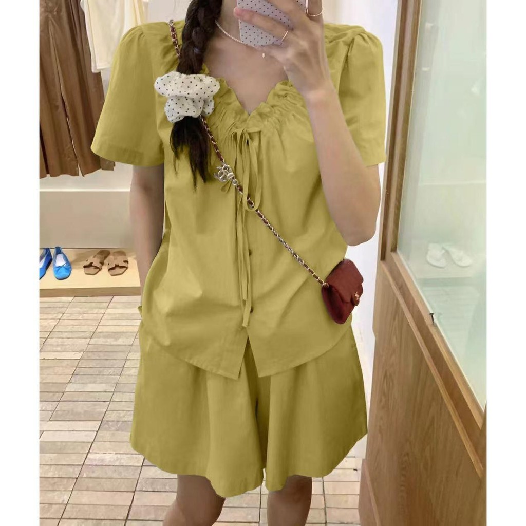 ชุดเซ็ตเสื้อเเขนสั้น+กางเกงขาสั้น งานผ้าไม่ร้อนใส่สบายปรับสายได้ -NN321 – โปรปัง
