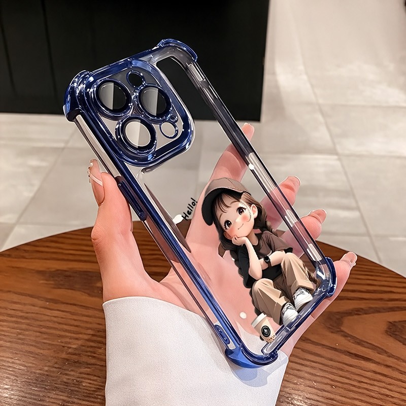 ชัดเจน เคส สำหรับ Samsung S25 S24 S23 S22 S21 ultra Plus FE 5Gขอบหรูหราพรีเมี่ยมน่ารักกาแฟสาวโปร่งใสชุบกันกระแทกกรณีโทรศัพท์นุ่ม