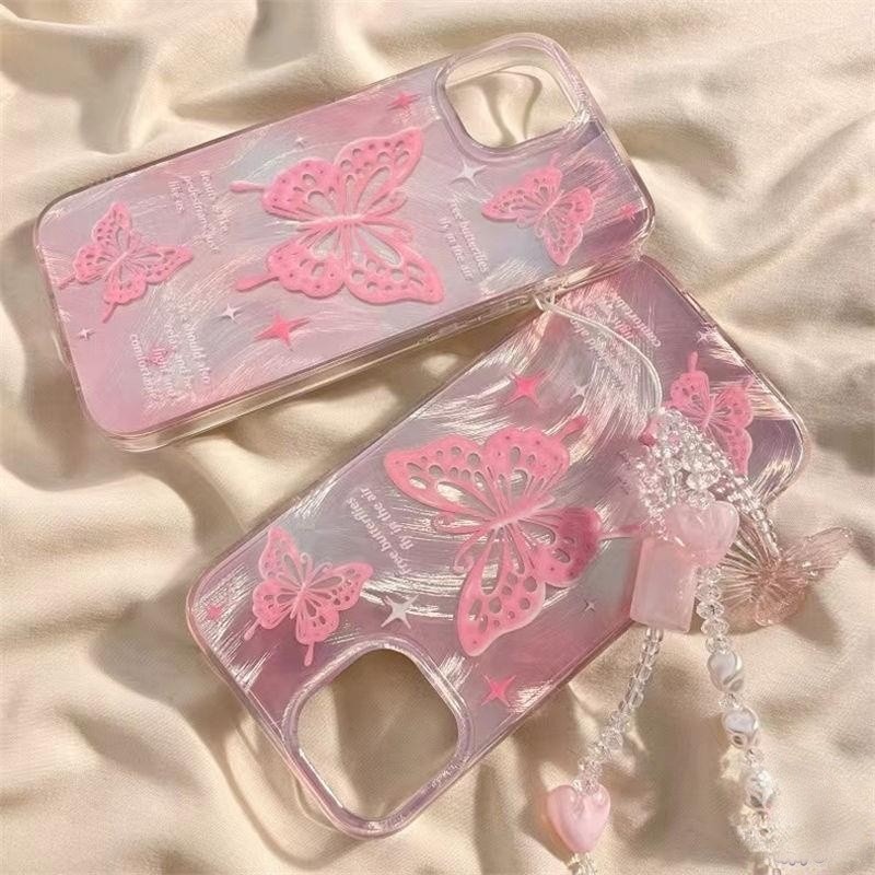 สร้อยข้อมือโรแมนติกสีชมพูผีเสื้อน่ารัก เคส For IPhone 7Plus 11 15 16 12 13 14 Pro Max X 16 7 8 14 Plus XR XS MAX SE 2020