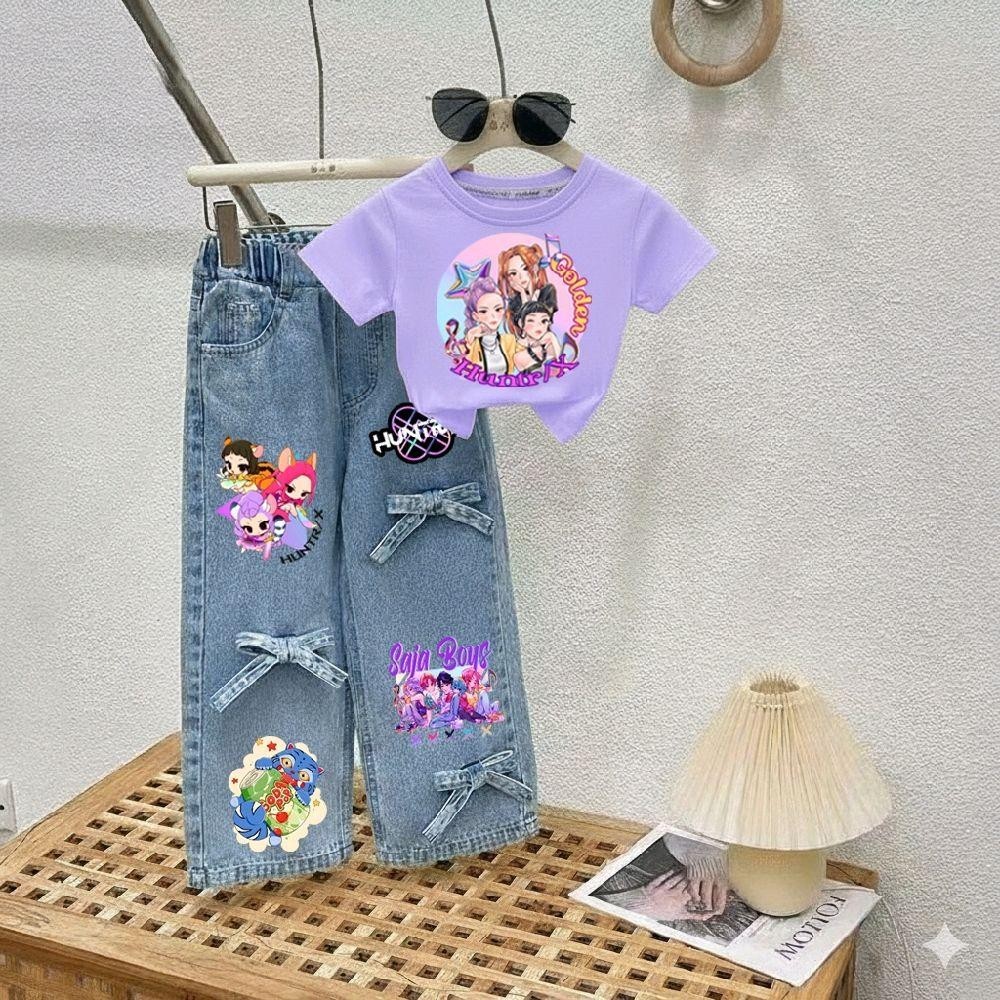 PINKชุดเซ็ทเด็ก kpop demon hunter เสื้อสกรีนลาย+กางเกงยีนส์แท้สกรีนลายแต่งโบว์