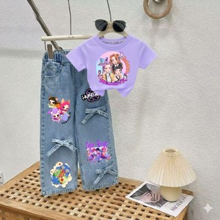 PINKชุดเซ็ทเด็ก kpop demon hunter เสื้อสกรีนลาย+กางเกงยีนส์แ…