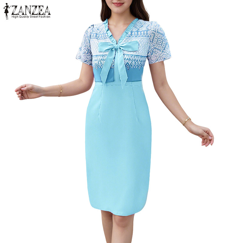 ZANZEA ชุดเดรสคอวีแขนสั้นโบว์เกาหลีสําหรับผู้หญิง