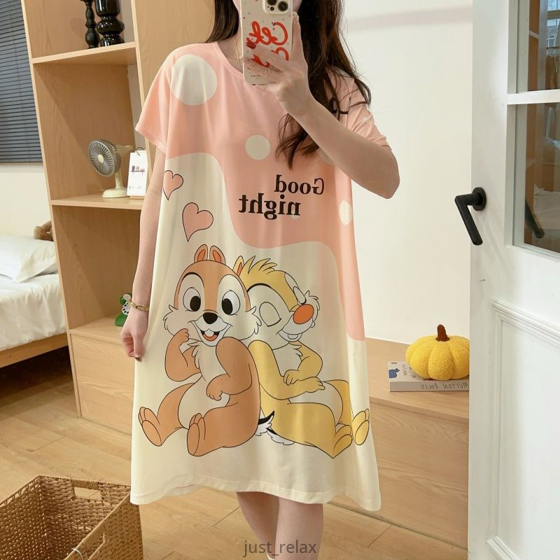 Chip & Dale Nightdres - ชุดนอนแขนสั้นฤดูร้อนสําหรับผู้หญิง,ชุดนอนขนาด 40-90 กก.,ชุดนอนพิมพ์การ์ตูนน่