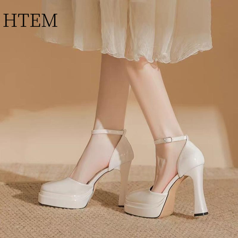 HTEM 2025 ใหม่กันน้ำตารางหนาส้นรองเท้าส้นสูงซุปเปอร์, สแควร์หัวเดียวรองเท้า, หัวเข็มขัดหัวเดียวรองเท้าแตะ,