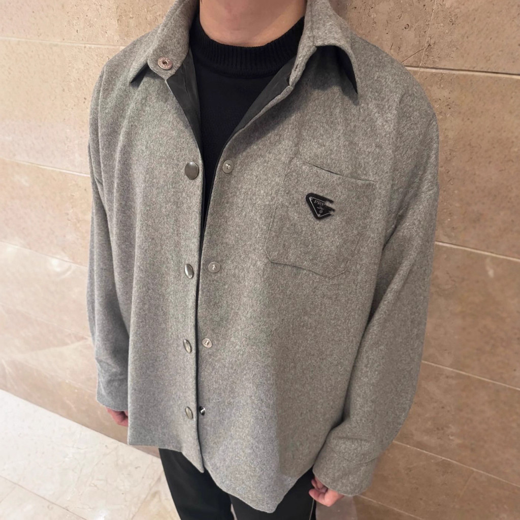 PRAD* Cashmere Triangle Iron Label Gray Shirt Jacket for Men and Women