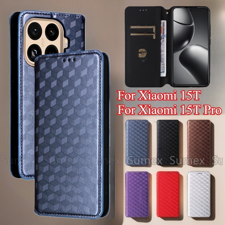 Lattice แม่เหล็กหนังสําหรับ Xiaomi 15T Xiaomi15T Pro 5G เคสโทรศัพท์ Stand Holder ช่องใส่การ์ดกระเป๋า