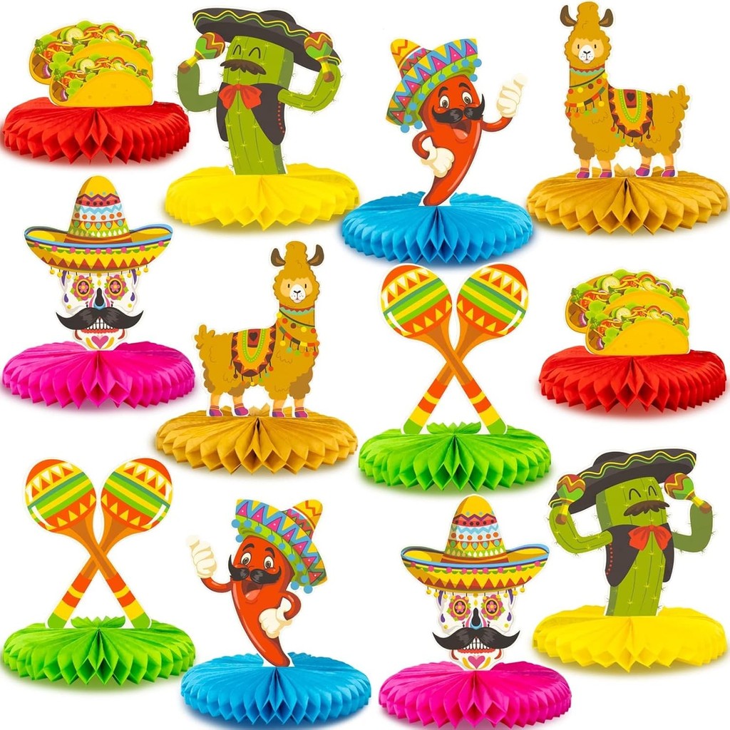 12pcs Fiesta Mexican Party ตารางตกแต่ง Centerpiece - 8 กระดาษ 5 Cinco De Mayo Party ตารางตกแต่งรังผึ