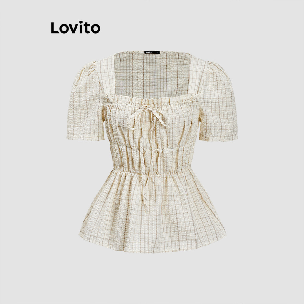 Lovito เสื้อเบลาส์ผู้หญิง ลายตาราง จับจีบ สไตล์ลำลอง LNE55450