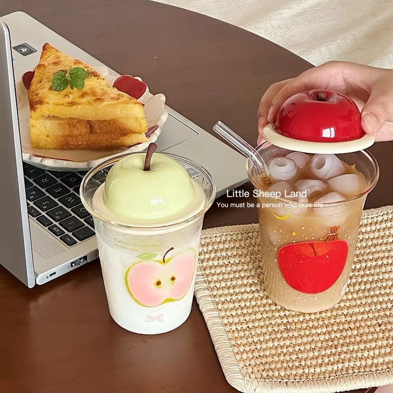 แก้วน้ำ แก้วกาแฟ รูปแอปเปิล🍎 พร้อมฝาและหลอด 400ml ฝาวัสดุเซรามิก