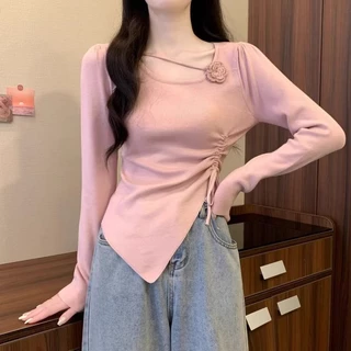 ท็อปส์แขนยาวสำหรับฤดูใบไม้ร่วง เสื้อถักสตรี สลิม핏 รอบคอดูเก๋ สวมใส่ง่ายและอบอุ่น