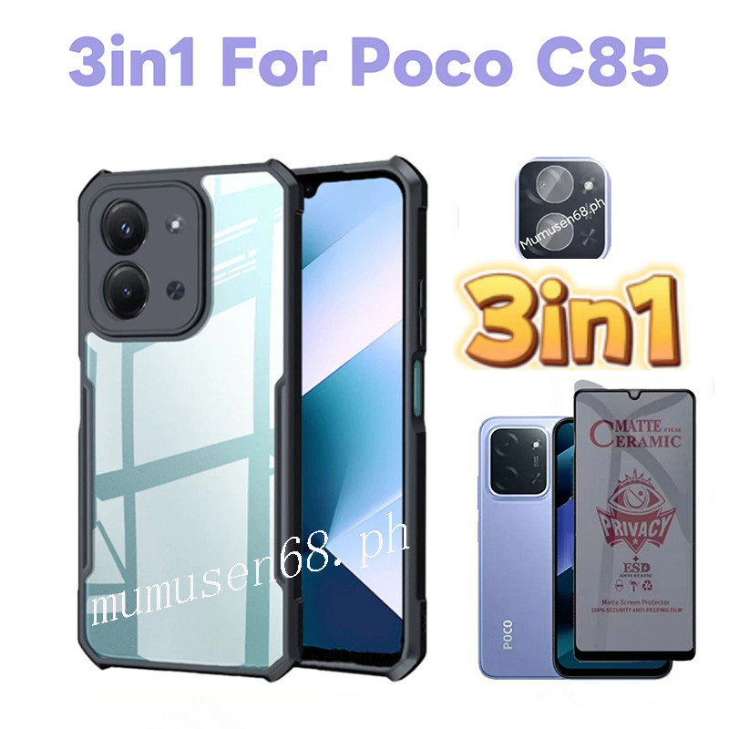 3in1 Xiaomi Poco C85 เคสโทรศัพท์กันกระแทกสําหรับ Poco C75 C71 C61 C65 ฟิล์มความเป็นส่วนตัวและฟิล์มเล