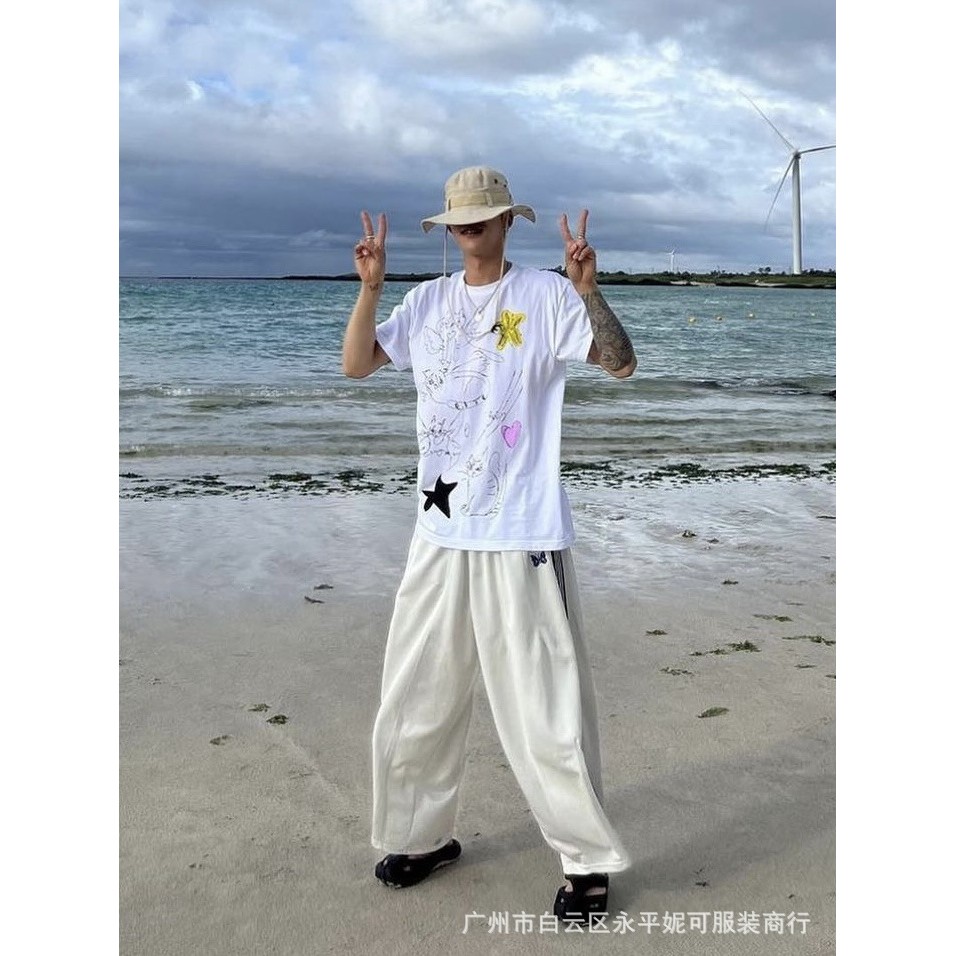 Needles track HD pants Embroidered Wide-Leg Pants White Loose Fit Sports Trousers