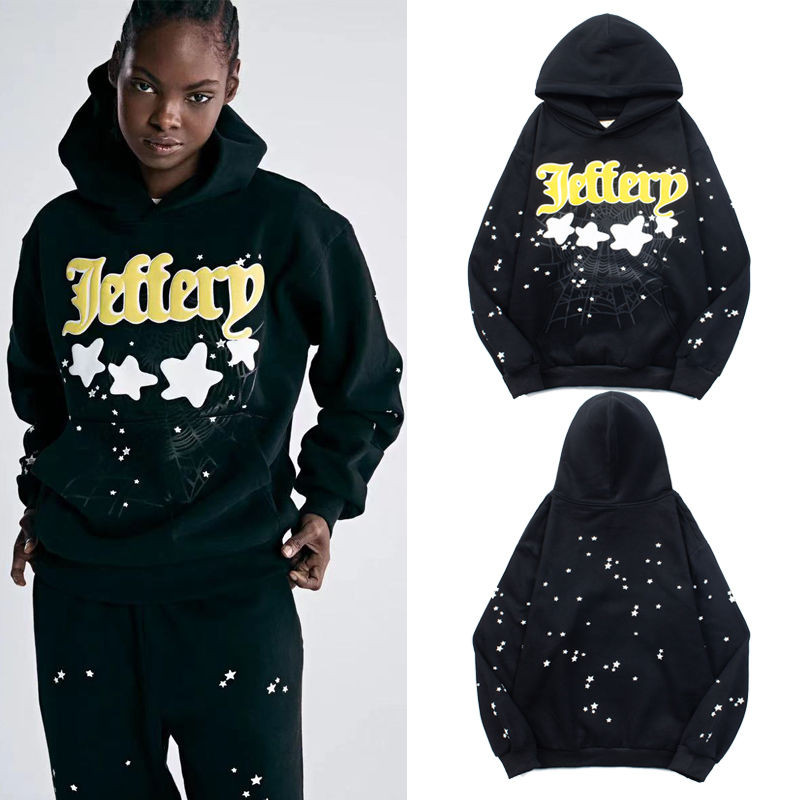 Sp5der 555 Spider Web Star Letter โฟมพิมพ์ฤดูใบไม้ร่วงฤดูหนาวขนแกะ Hooded Sweatshirt Hoodie ผู้ชายผู