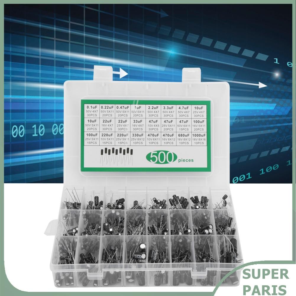 Superparis Fafeicy Electrolytic Capacitor Assortment Box Kit 500 ชิ้น 24 มูลค่า 0.1uF?1000uF 10V 16V