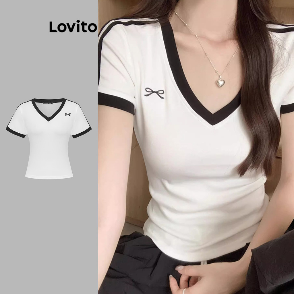 Lovito เสื้อยืดผู้หญิง ผูกโบว์เทปสีตัดกัน ดีไซน์เรียบง่าย L114AD397