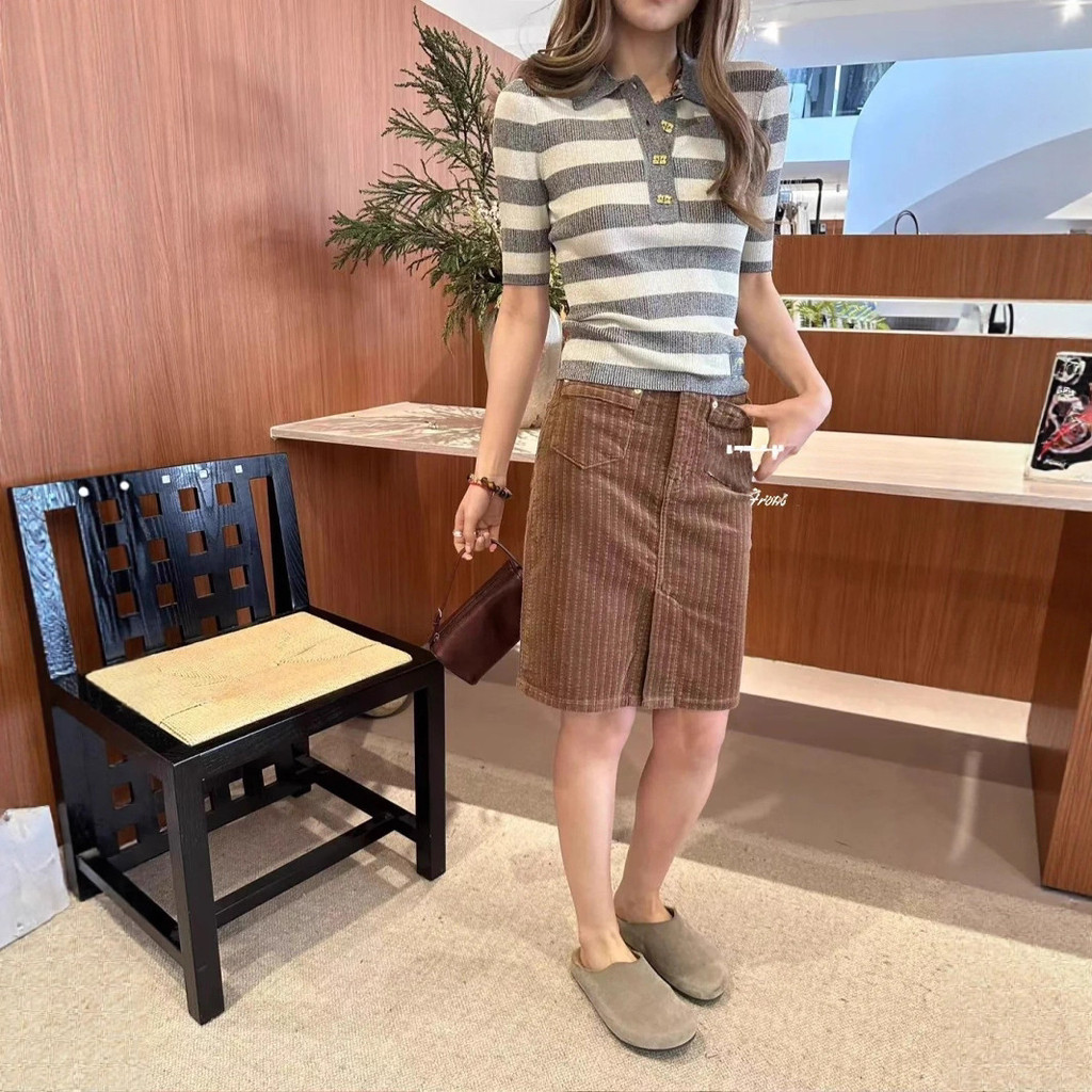 GANNI Early Autumn New Gray and White Striped POLO Collared Knitted Stretch Slim Fit Sweater Knitted