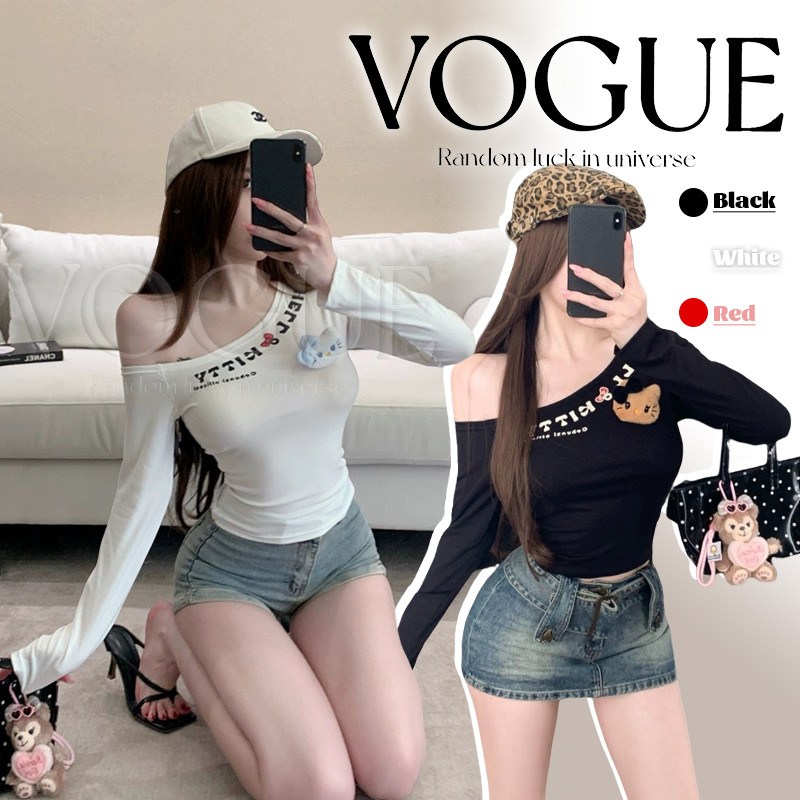 Vogue🌟พร้อมส่ง🌟 เสื้อแขนยาว เปิดไหล่ สีสดใส ทรงรัปรูปใส่ได้ทุกวัน (FY8717)