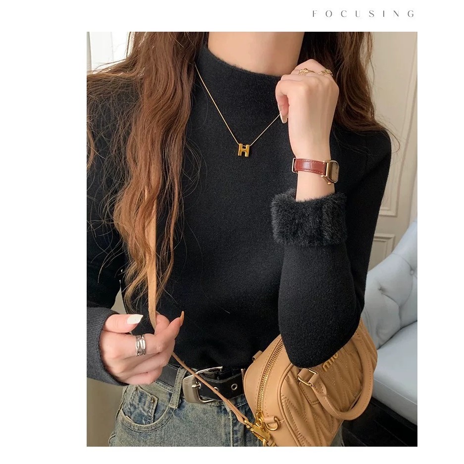 ซับในขนแกะหนาสำหรับเสื้อถักผู้หญิง แบบใหม่ คอกลม แฟชั่นทันสมัยและอบอุ่น - รูปที่ 5