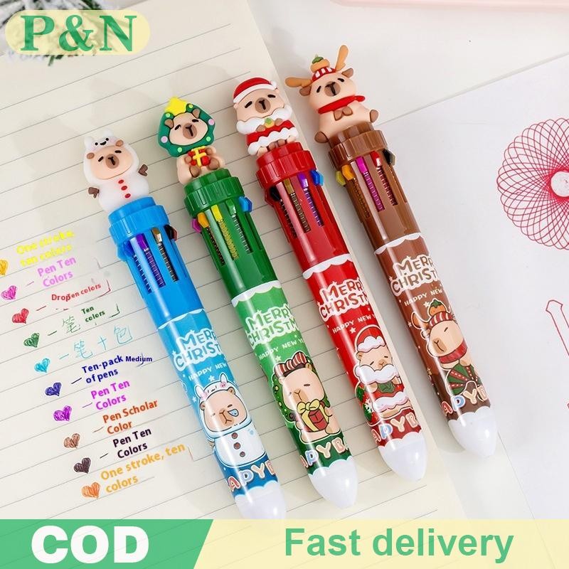 [P&N] Christmas Capybara 10 สี 0.7 มม.ปากกาลูกลื่นน่ารักการ์ตูน Santa Claus Snowman กดปากกาคู่มือเครื่องเขียนของขวัญ [cod]