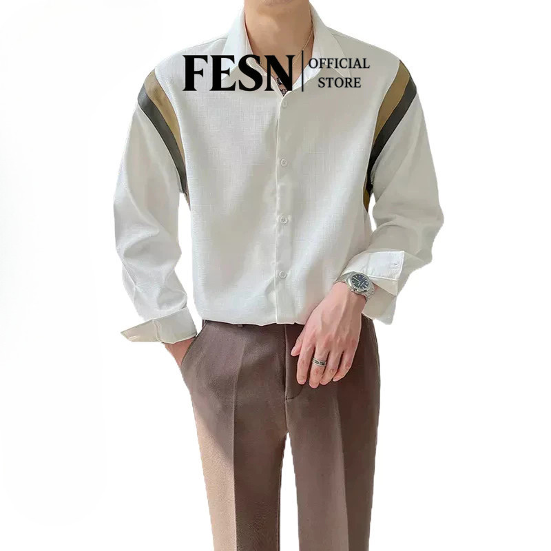 [มีสินค้าในสต๊อก] เสื้อเชิ้ตผู้ชายแฟชั่นลายทางสไตล์เกาหลีเชิ้ตแขนยาวหลวมสบาย ๆ ด้านบนเย็บประกบ