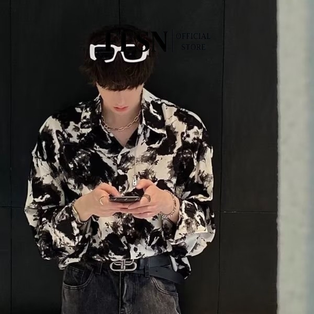 hawaii shirt เสื้อเชิ้ตแขนยาวลําลอง ทรงหลวม ระดับไฮเอนด์ ลายภาพวาดหมึก สไตล์เกาหลี แฟชั่นฤดูใบไม้ผลิ สําหรับผู้ชาย