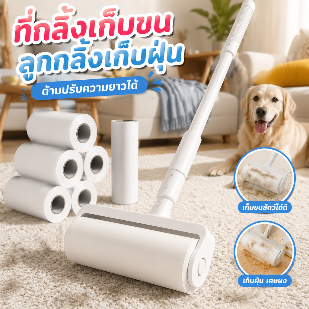 ลูกกลิ้งเก็บขน ขนาด  24cm ลูกกลิ้ง ลูกกลิ้งกระดาษกาว ลูกกลิ้งเก็บฝุ่น ลูกกลิ้งทําความสะอาด ฝุ่น ด้ามจับปรับความยาวได้