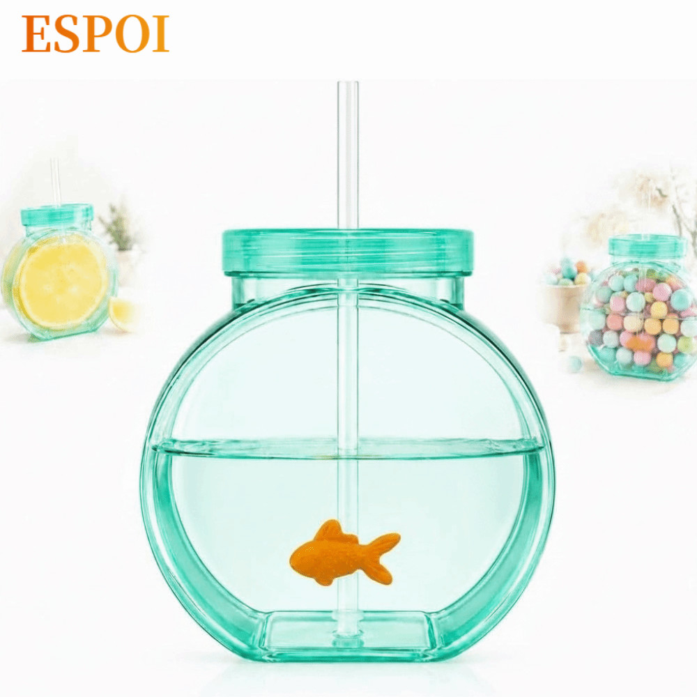 ESPOI ถ้วยชามปลาพลาสติก, สีเขียวโปร่งแสงพร้อมฝาปิดชามปลา Tumbler, Candy Display Unbreakable นํากลับมาใช้ใหม่ด้วยฟางถ้วยเครื่องประดับสําหรับเครื่องดื่มฤดูร้อน