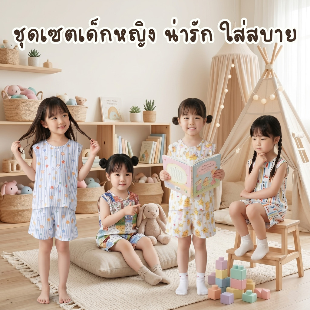 Dolemi Baby เสื้อแขนกุด ก้งเกงขาสั้น เอวยางยืด เด็ก 6เดือน-6ขวบ เด็หหญิง น่ารัก ใส่สบาย นุ่มลื่น และยับยาก