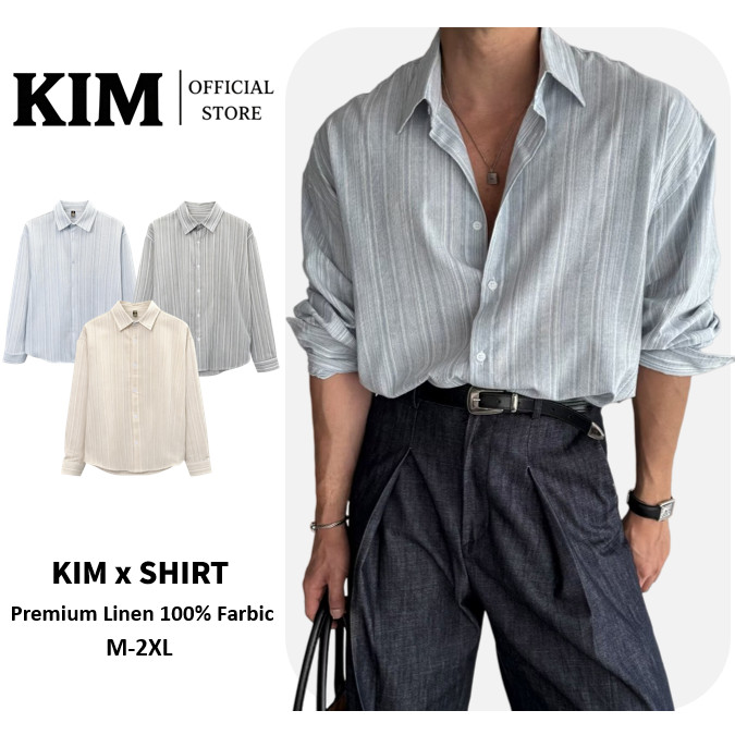 Striped Linen Shirt เสื้อเชิ้ตผู้ชายลายทางผ้าลินินผสม แขนยาวทรง หลวมสบาย มี3สี ครีม/เทา/ฟ้าอ่อน Size M-2XL