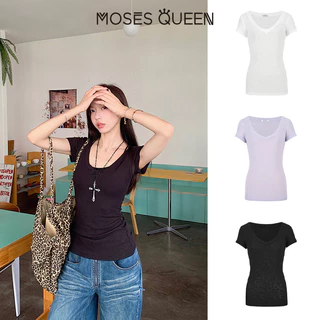 < MOSESQUEEN > เสื้อตัวเต็มตัวแขนสั้น คอต่ำ แบบยีนส์ สำหรับสาวๆ รุ่นย้อนยุค "ล่าเมย์" เสื้อสไตล์แฟชั่น ใส บาง และสีเดียว ที่เหมาะกับฤดูร้อน #62986