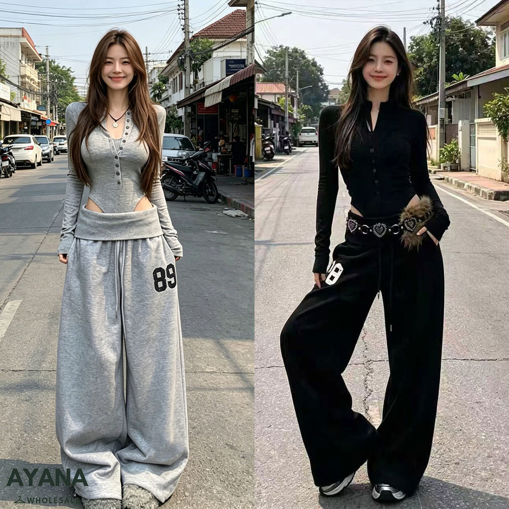 ชุดเซ็ตผู้หญิง 2 ชิ้น เสื้อบอดี้แขนยาว + กางเกงวอร์ม ลุคสปอร์ตบาร์บี้ เท่ปนเซ็กซี่